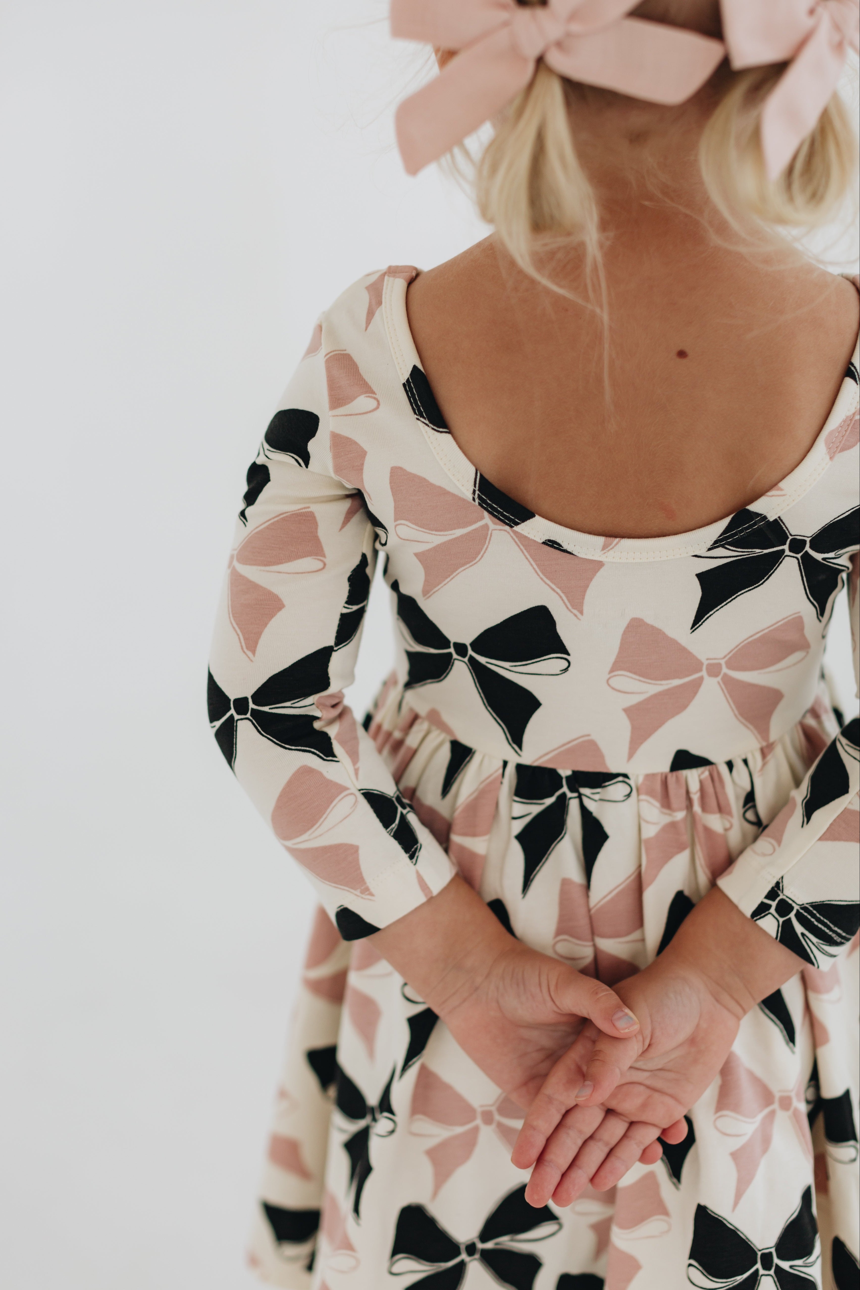 3/4 Sleeve Twirl Dress in Vintage Pink and Black Bows