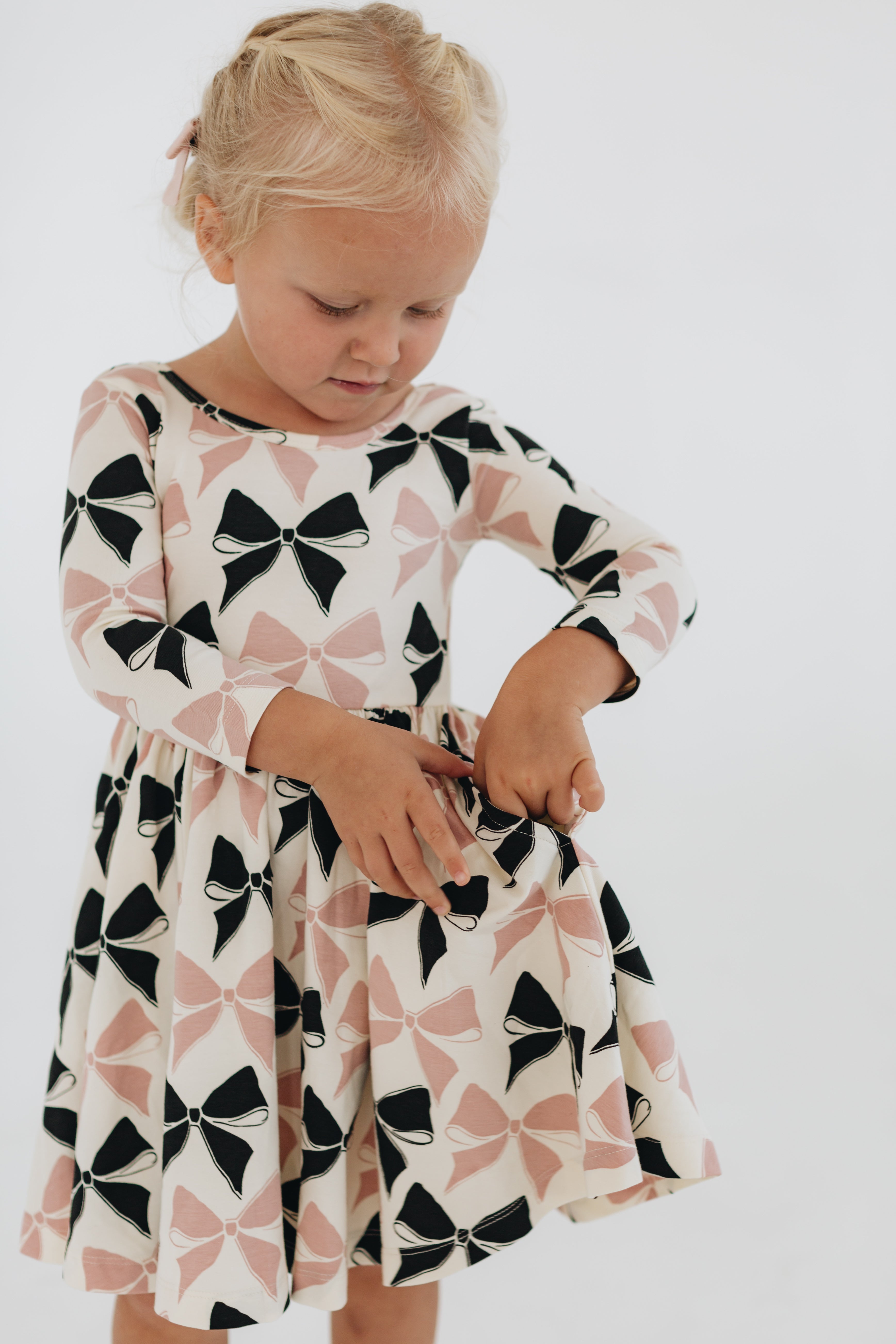 3/4 Sleeve Twirl Dress in Vintage Pink and Black Bows