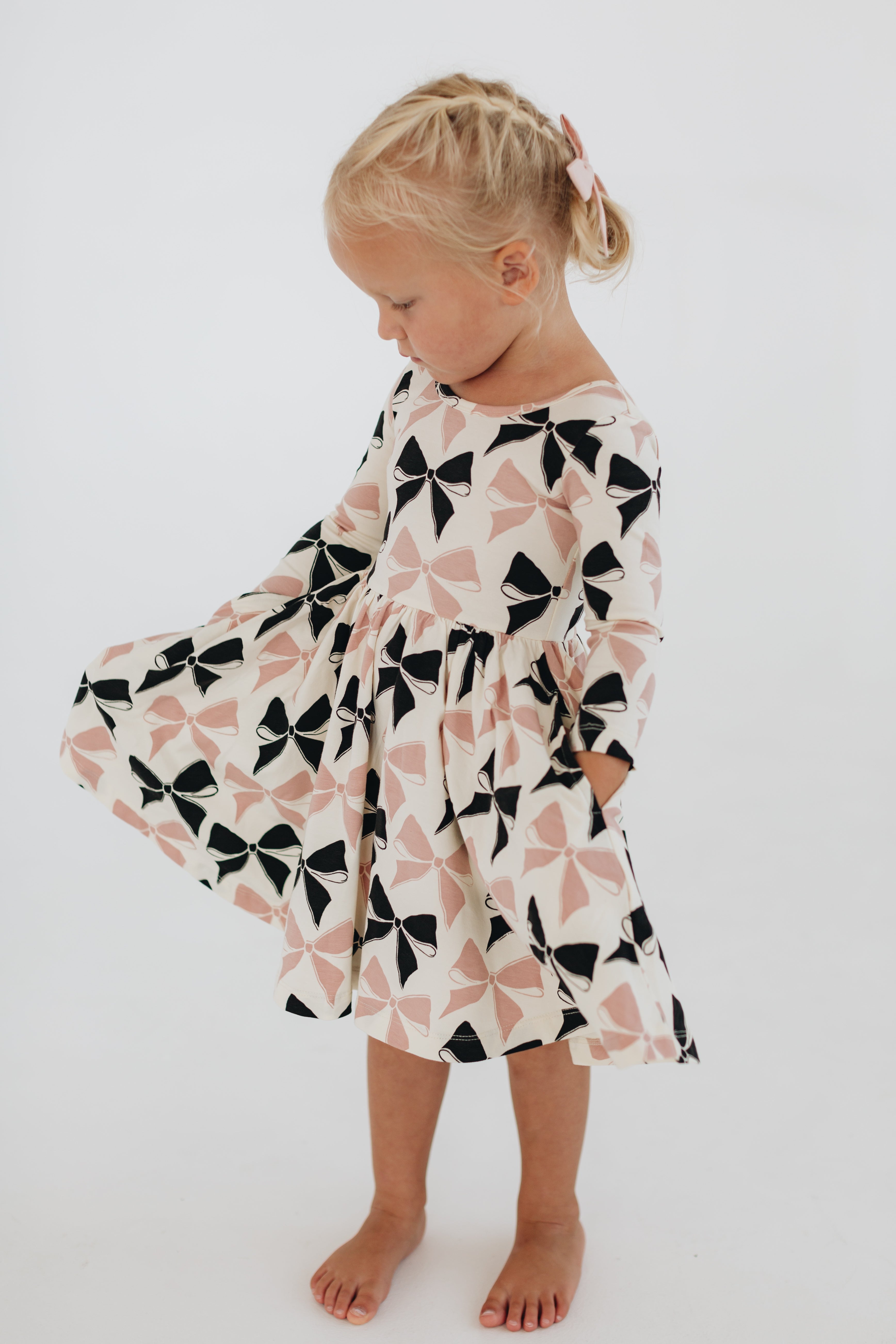 3/4 Sleeve Twirl Dress in Vintage Pink and Black Bows