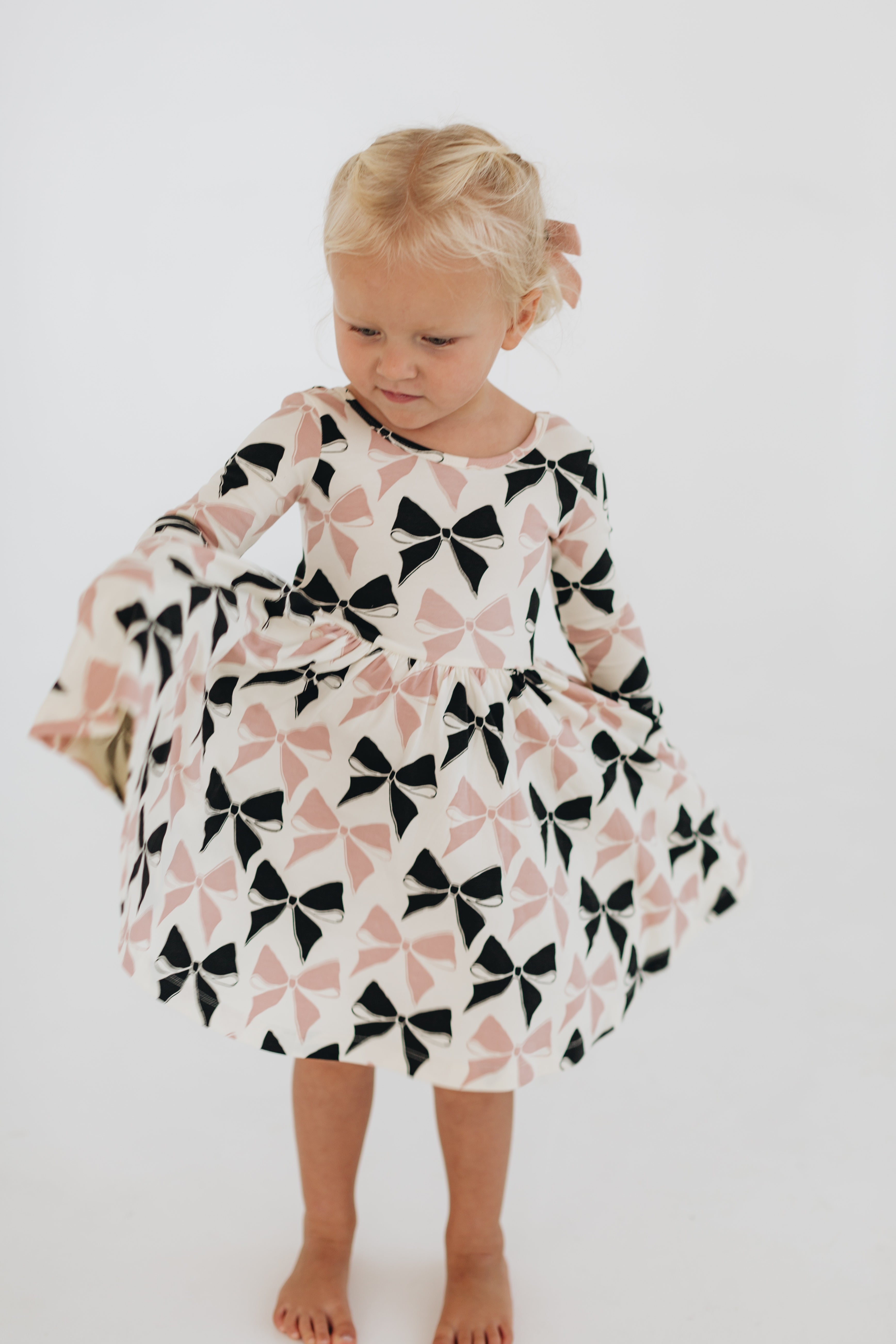 3/4 Sleeve Twirl Dress in Vintage Pink and Black Bows