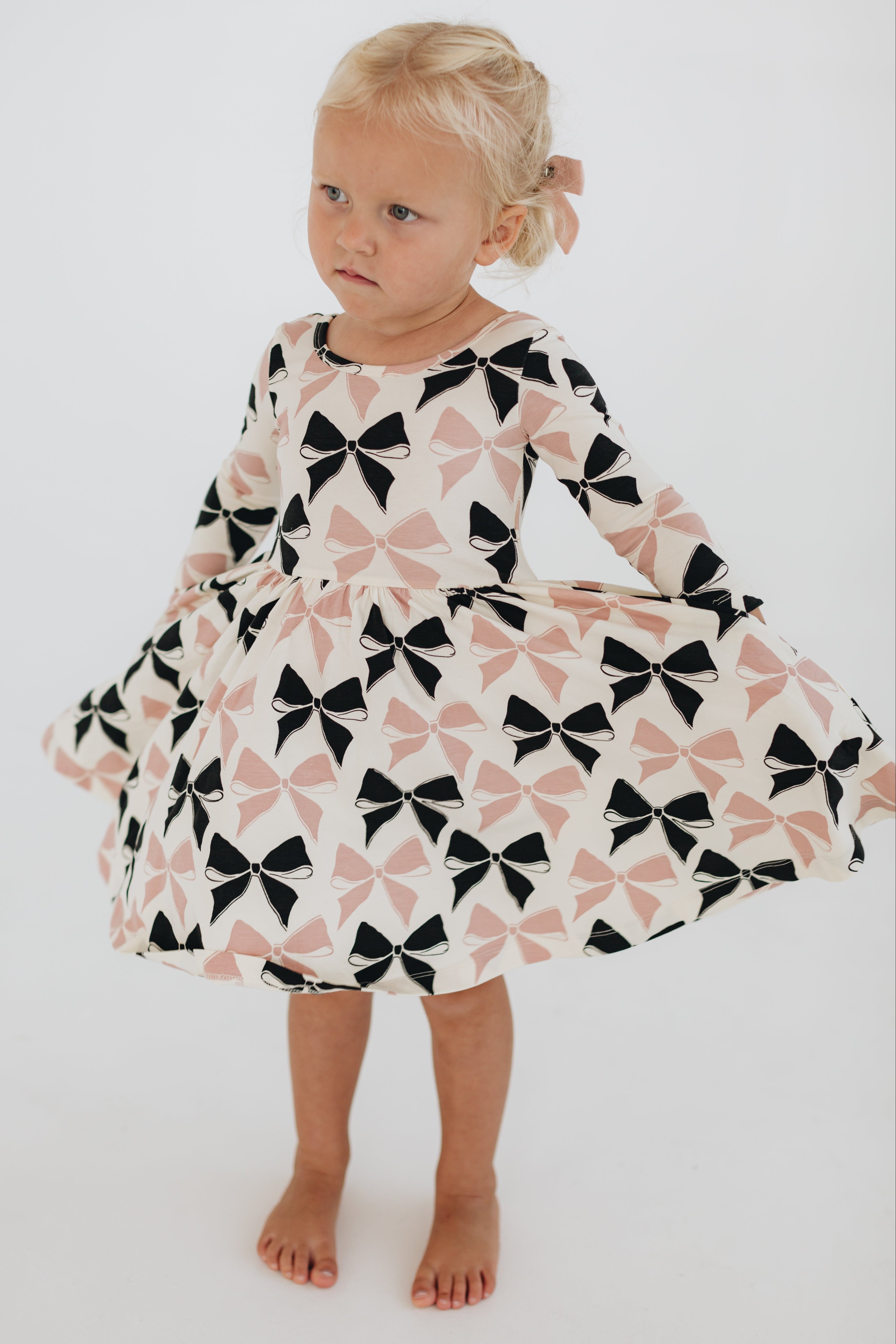 3/4 Sleeve Twirl Dress in Vintage Pink and Black Bows