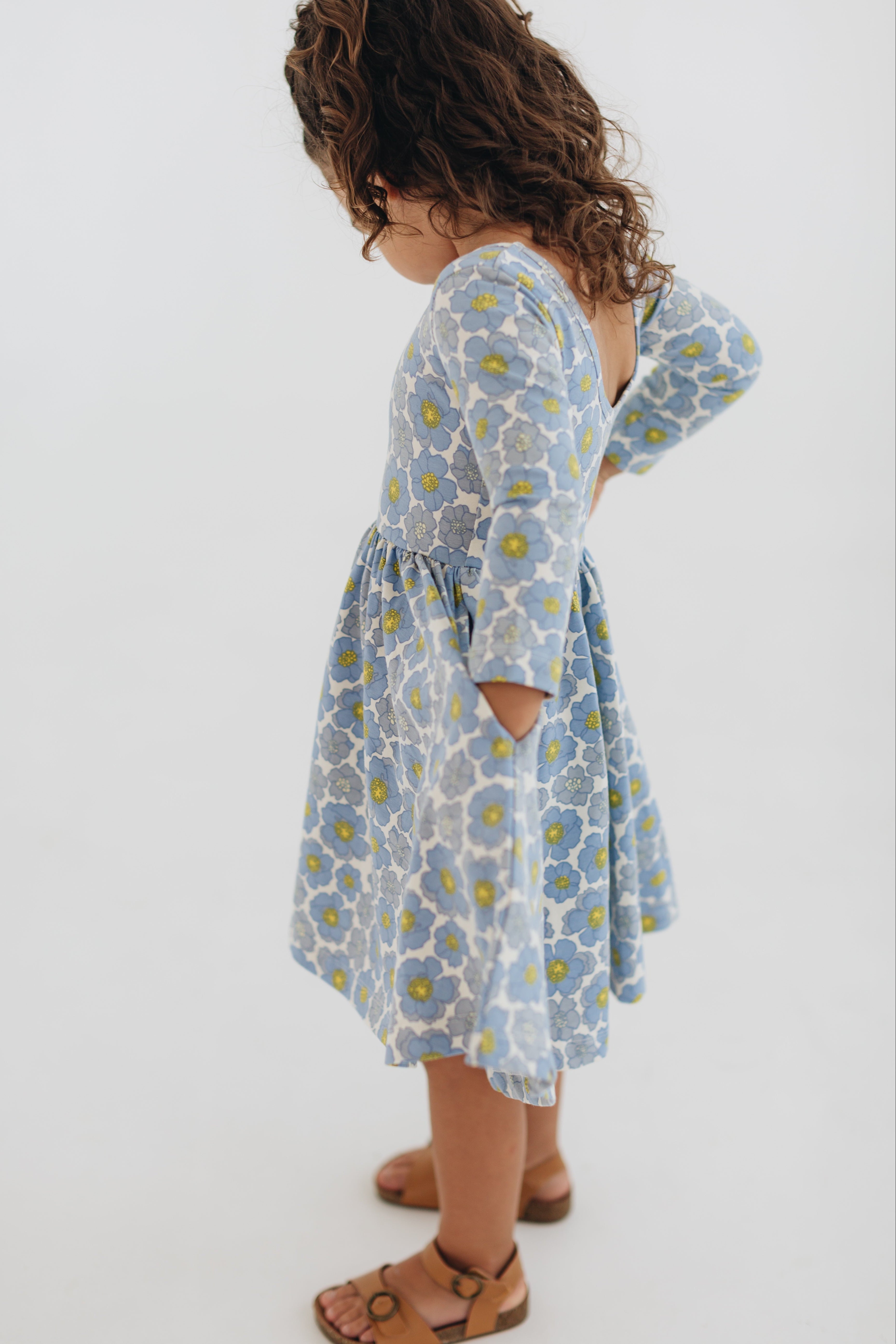 3/4 Sleeve Twirl Dress in Periwinkle Meadow