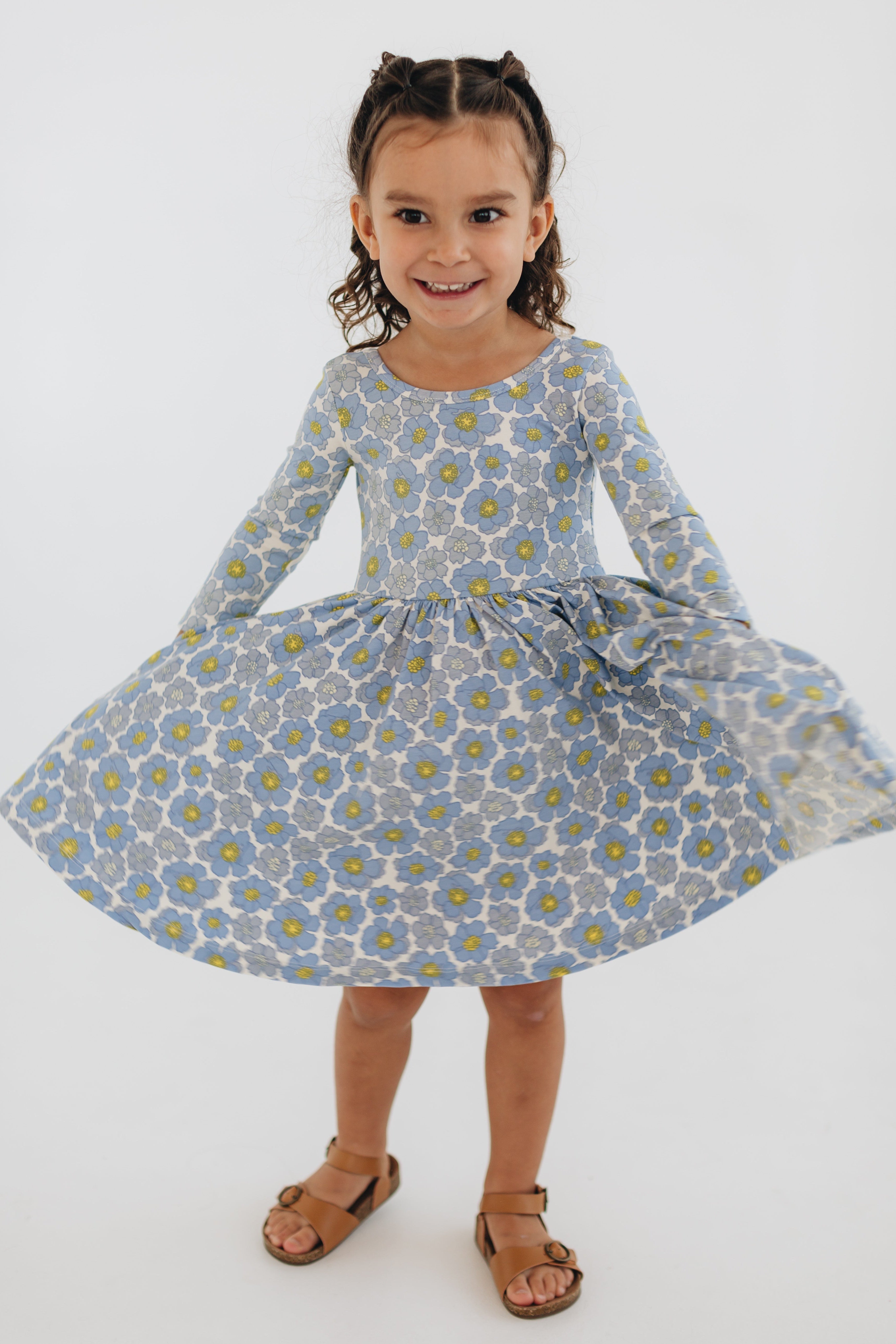 3/4 Sleeve Twirl Dress in Periwinkle Meadow