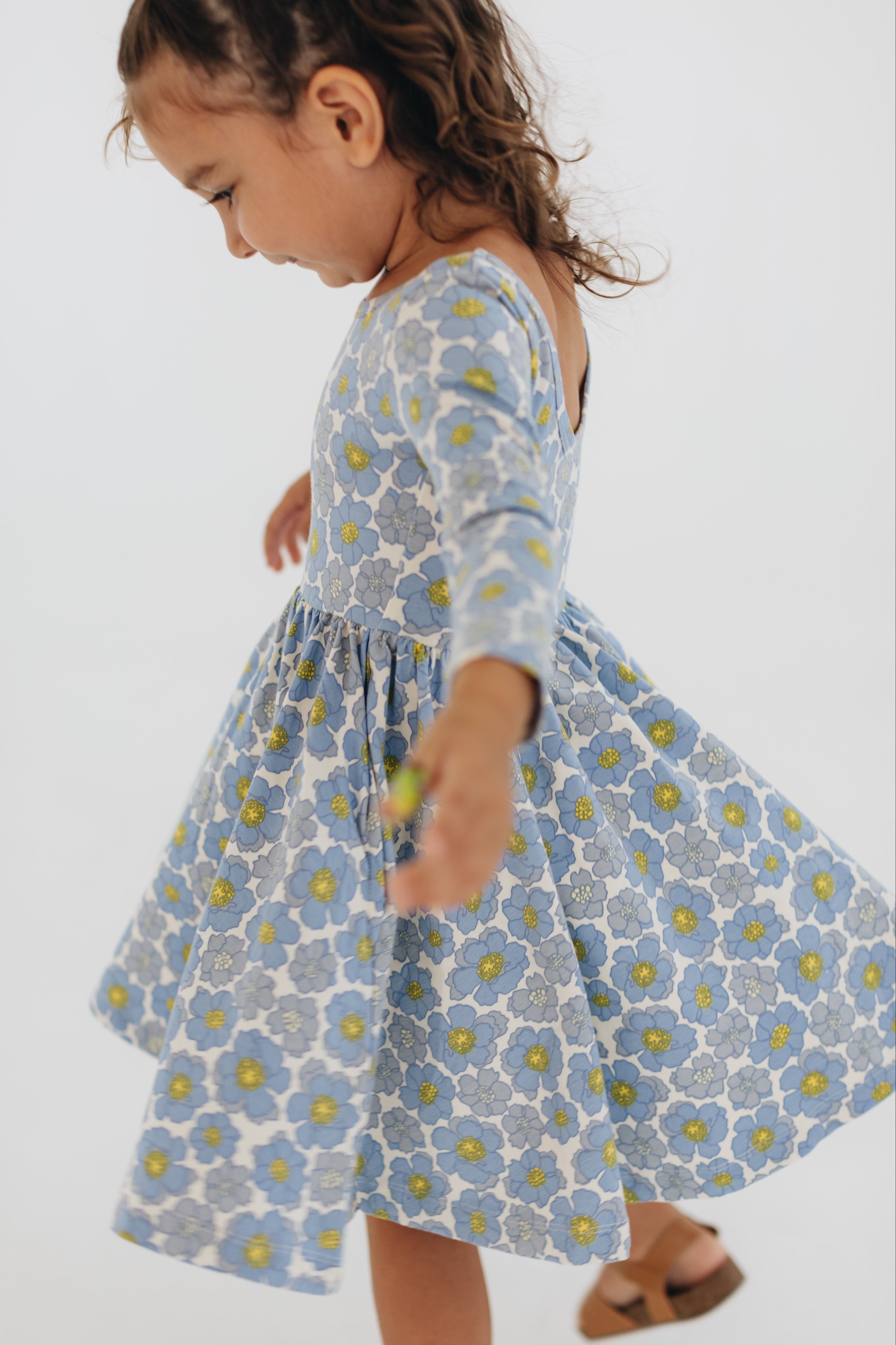 3/4 Sleeve Twirl Dress in Periwinkle Meadow