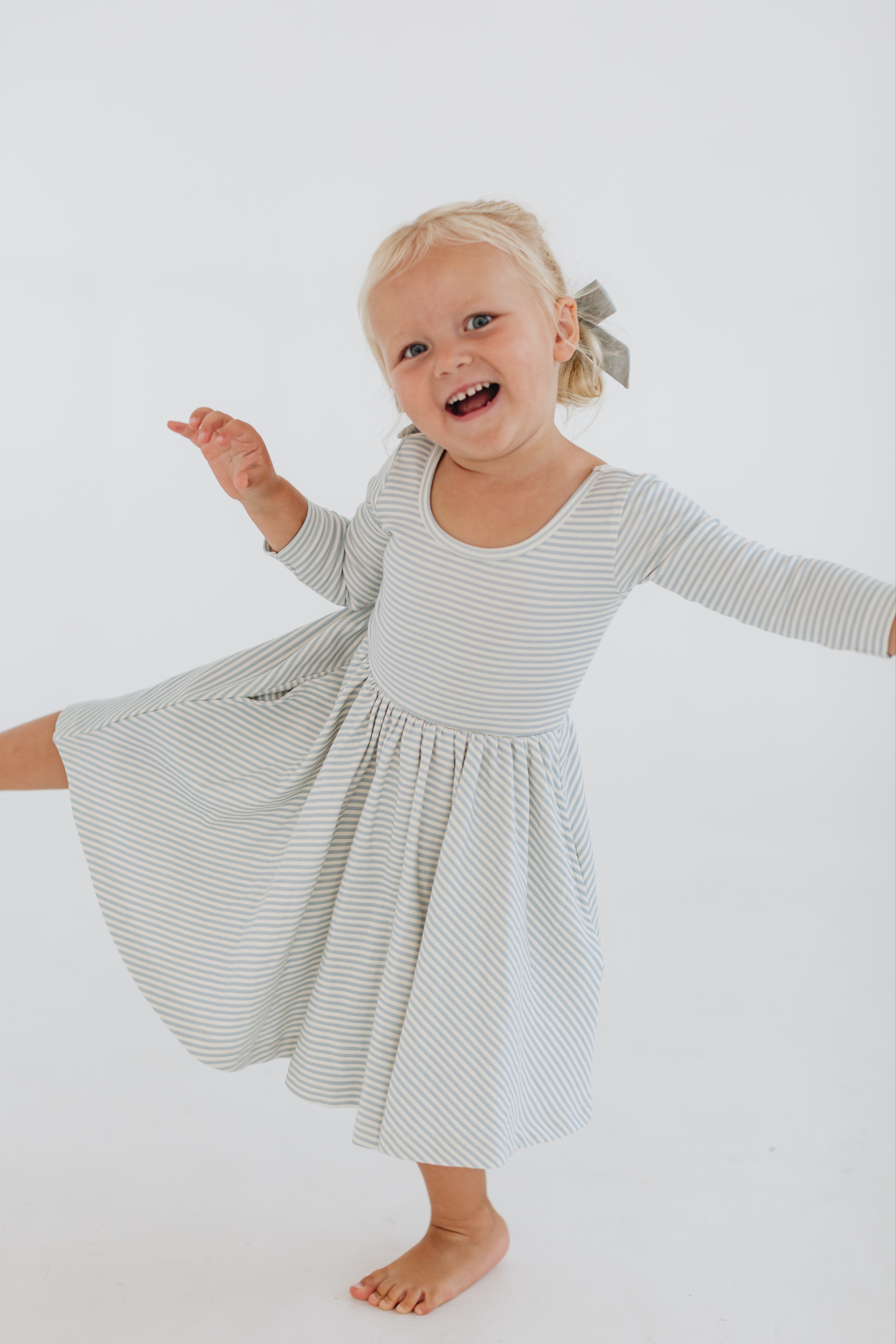 3/4 Sleeve Twirl Dress in Blue French Stripes