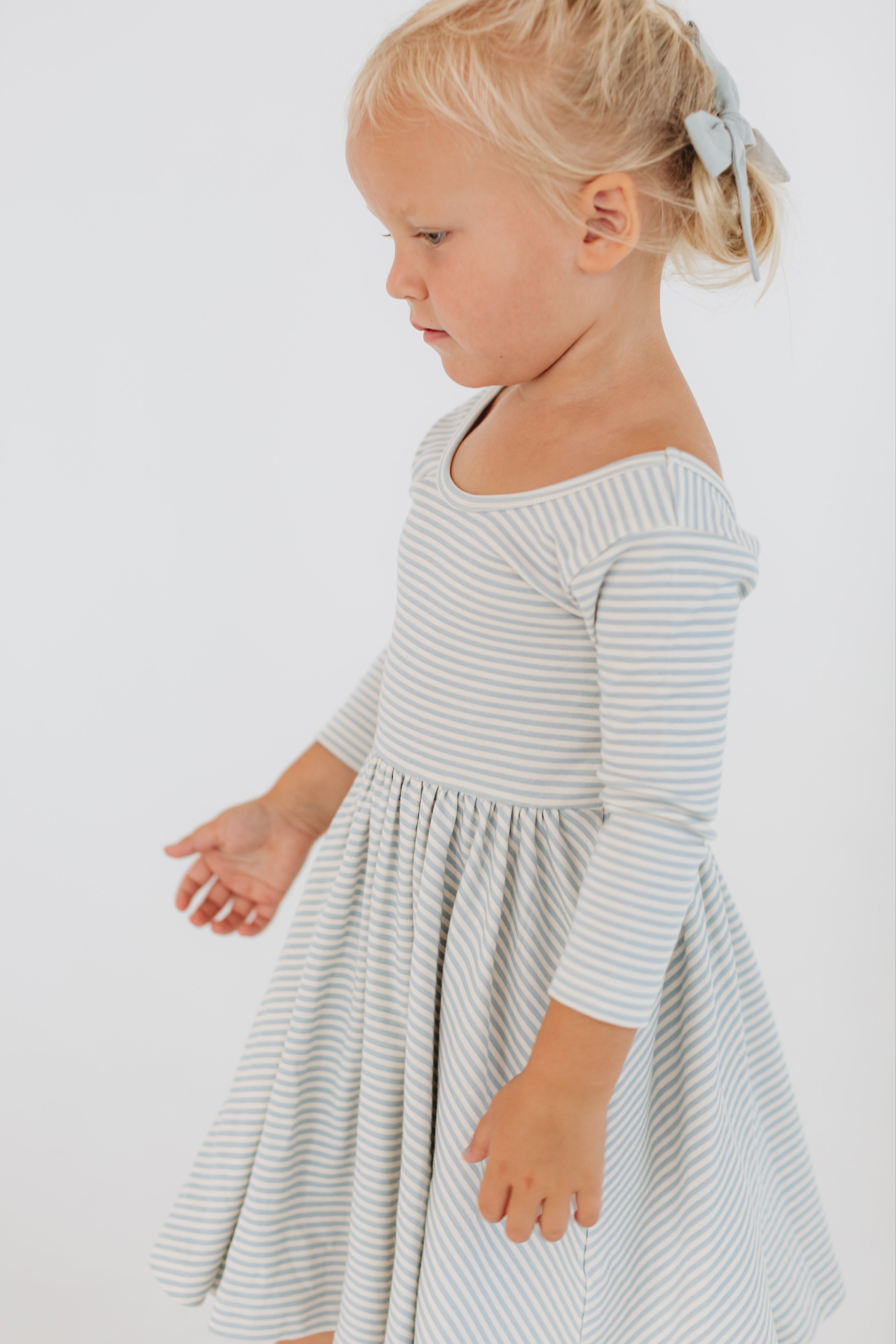 3/4 Sleeve Twirl Dress in Blue French Stripes